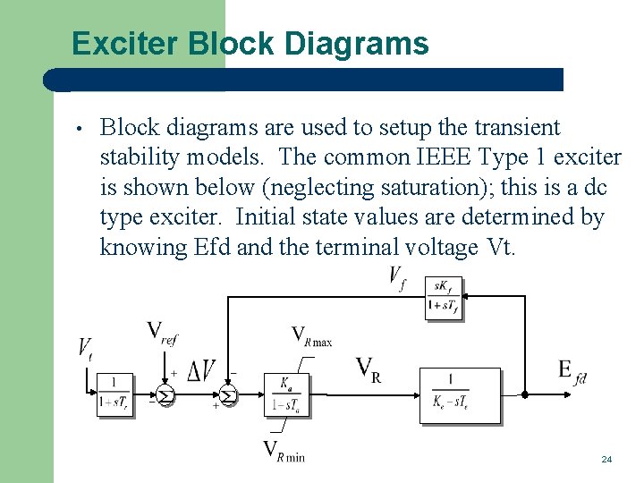 Exciter Block Diagrams • Block diagrams are used to setup the transient stability models.