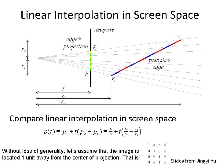 Linear Interpolation in Screen Space Compare linear interpolation in screen space Without loss of