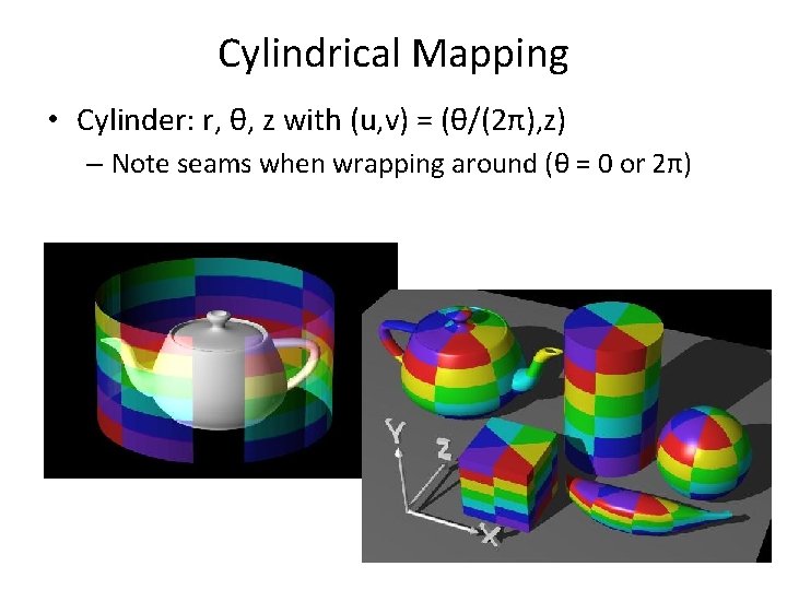 Cylindrical Mapping • Cylinder: r, θ, z with (u, v) = (θ/(2π), z) –
