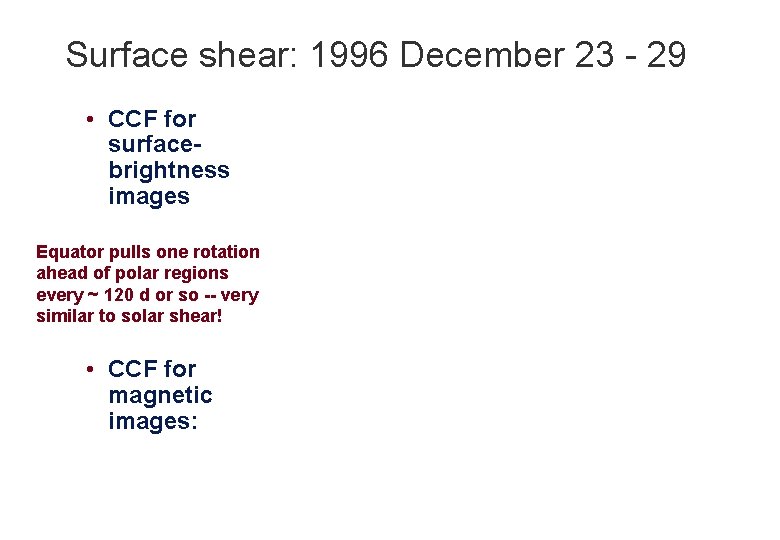 Surface shear: 1996 December 23 - 29 • CCF for surfacebrightness images Equator pulls