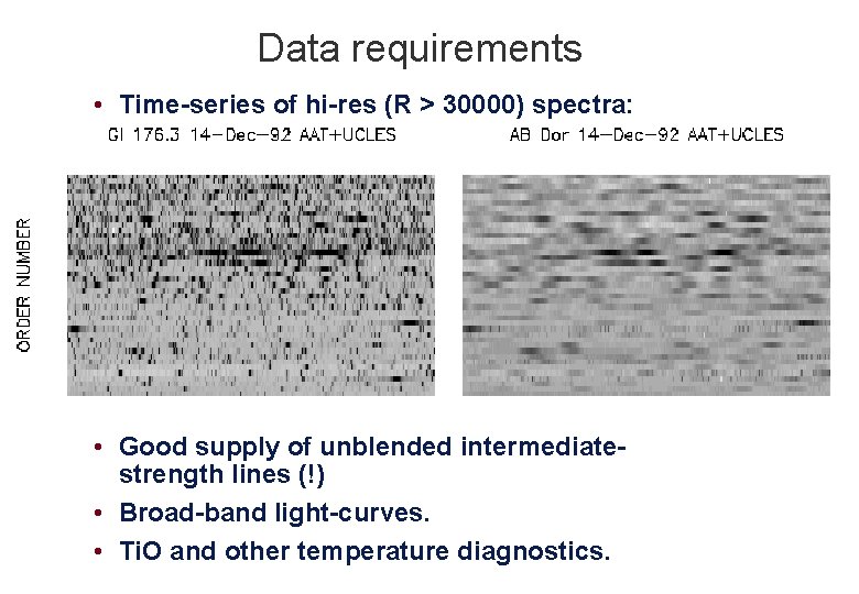 Data requirements • Time-series of hi-res (R > 30000) spectra: • Good supply of