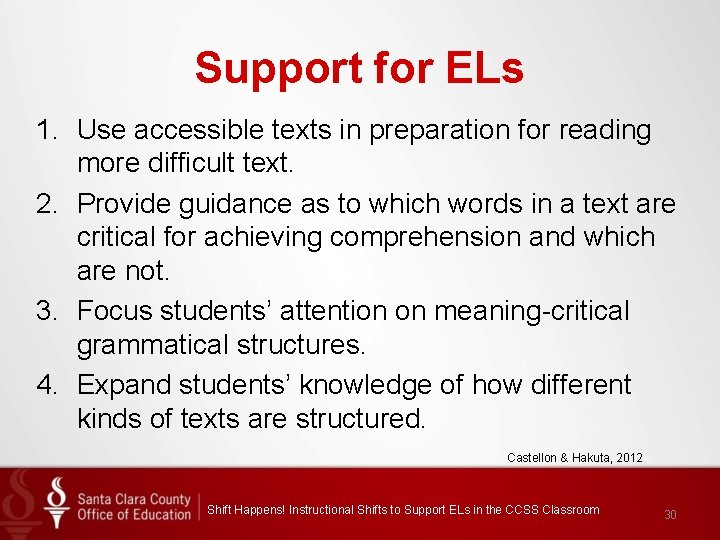 Support for ELs 1. Use accessible texts in preparation for reading more difficult text.