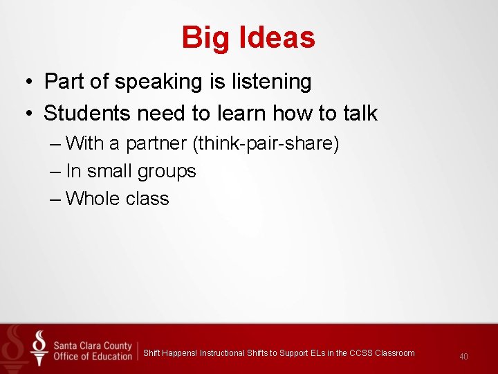 Big Ideas • Part of speaking is listening • Students need to learn how