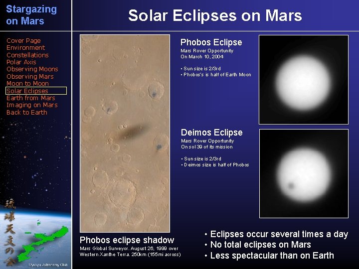 Stargazing on Mars Solar Eclipses on Mars Cover Page Environment Constellations Polar Axis Observing