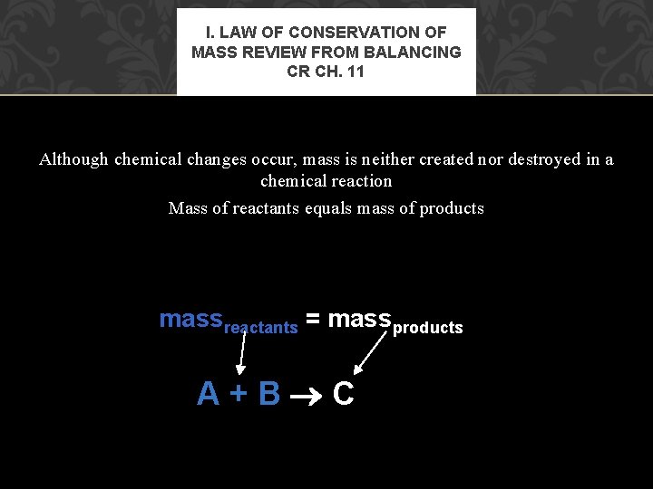 I. LAW OF CONSERVATION OF MASS REVIEW FROM BALANCING CR CH. 11 Although chemical