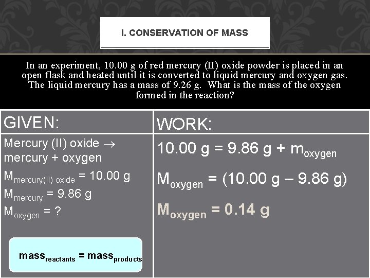I. CONSERVATION OF MASS In an experiment, 10. 00 g of red mercury (II)