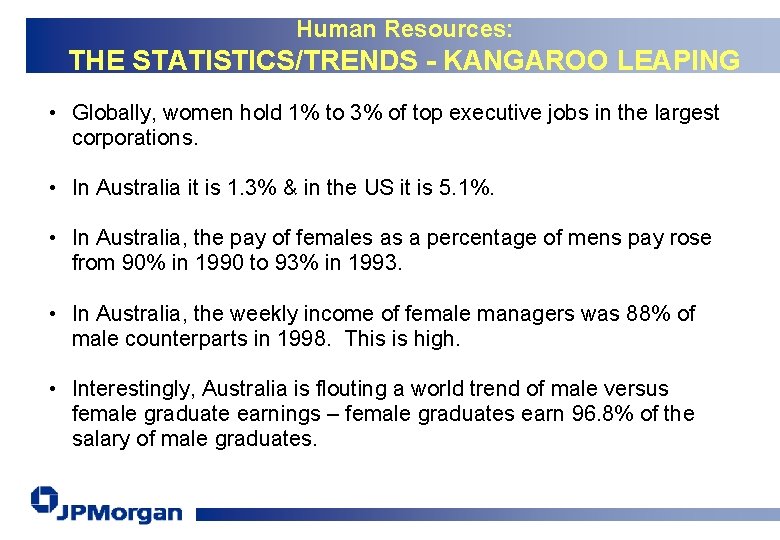 Human Resources: THE STATISTICS/TRENDS - KANGAROO LEAPING • Globally, women hold 1% to 3%