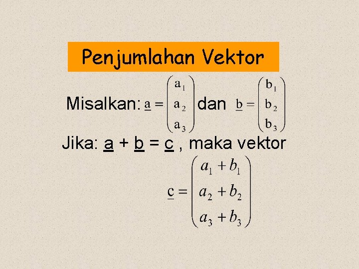 Penjumlahan Vektor Misalkan: dan Jika: a + b = c , maka vektor 