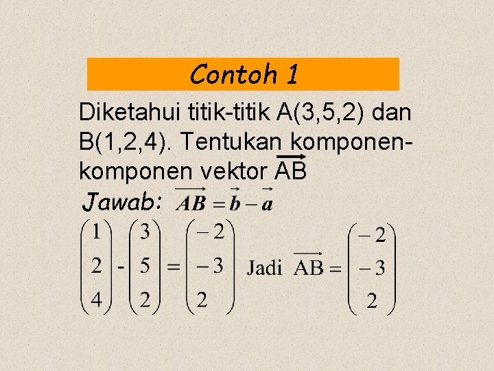 Contoh 1 Diketahui titik-titik A(3, 5, 2) dan B(1, 2, 4). Tentukan komponen vektor