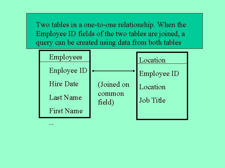 Two tables in a one-to-one relationship. When the Employee ID fields of the two