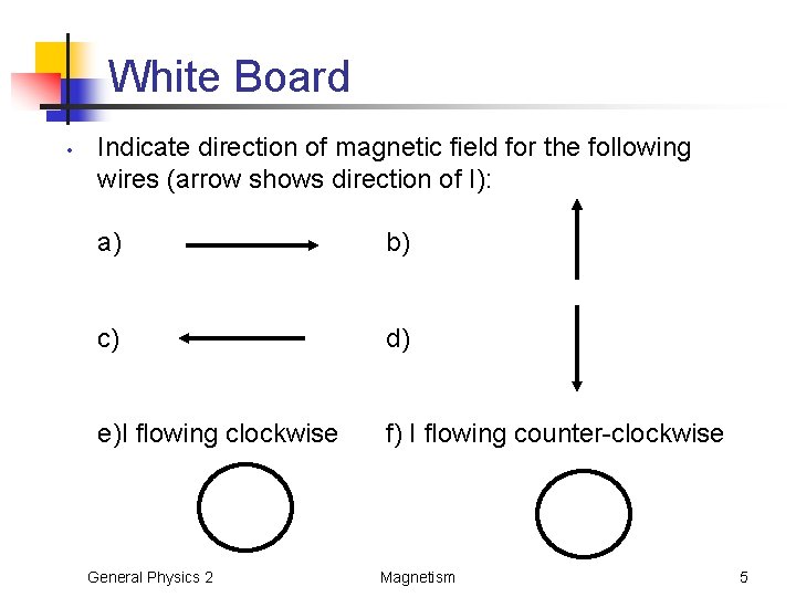 White Board • Indicate direction of magnetic field for the following wires (arrow shows