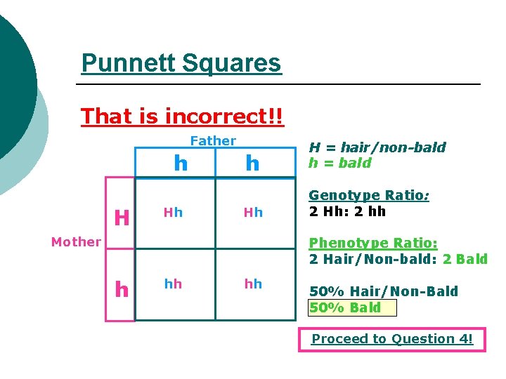 Punnett Squares That is incorrect!! Father h H Hh h H = hair/non-bald h