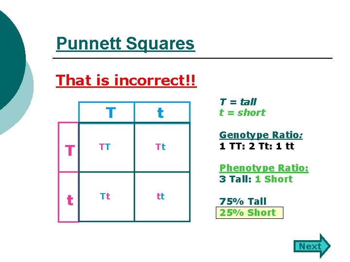 Punnett Squares That is incorrect!! T T TT t T = tall t =