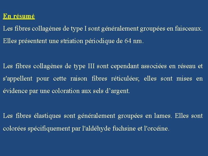 En résumé Les fibres collagènes de type I sont généralement groupées en faisceaux. Elles