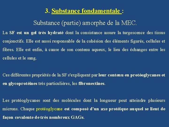 3. Substance fondamentale : Substance (partie) amorphe de la MEC. La SF est un