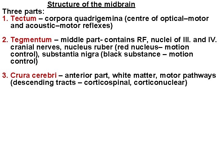 Structure of the midbrain Three parts: 1. Tectum – corpora quadrigemina (centre of optical–motor