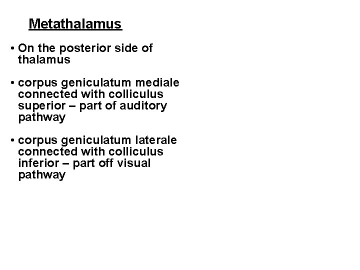 Metathalamus • On the posterior side of thalamus • corpus geniculatum mediale connected with