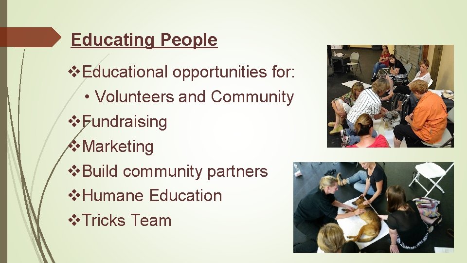 Educating People v. Educational opportunities for: • Volunteers and Community v. Fundraising v. Marketing