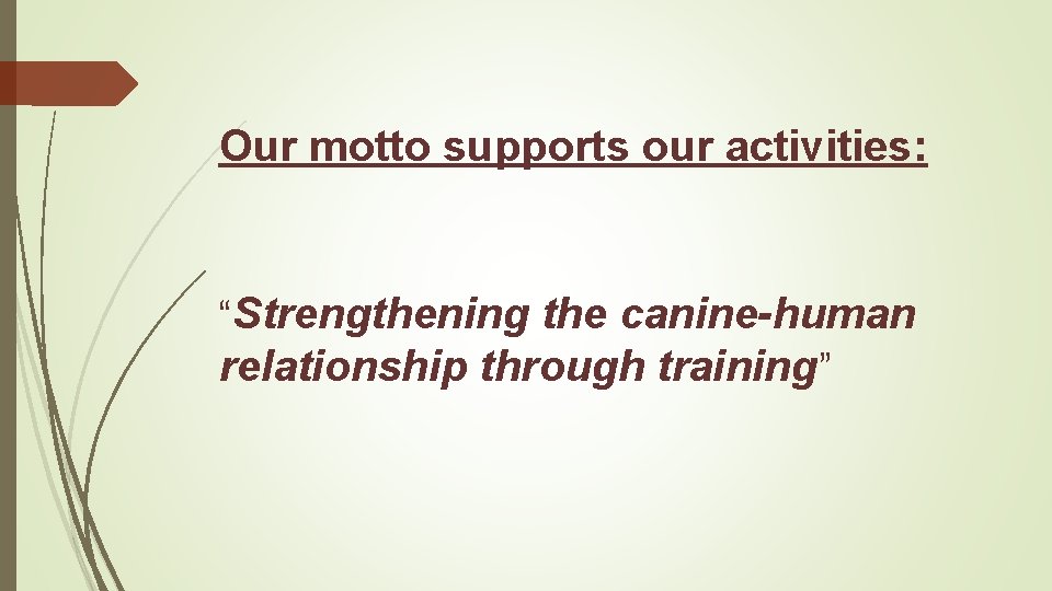 Our motto supports our activities: “Strengthening the canine-human relationship through training” 