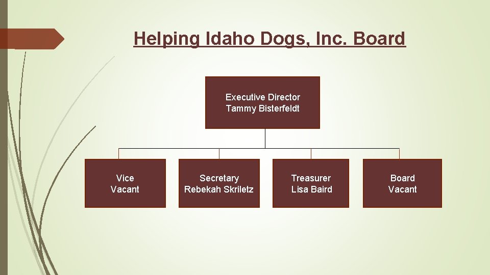Helping Idaho Dogs, Inc. Board Executive Director Tammy Bisterfeldt Vice Vacant Secretary Rebekah Skriletz