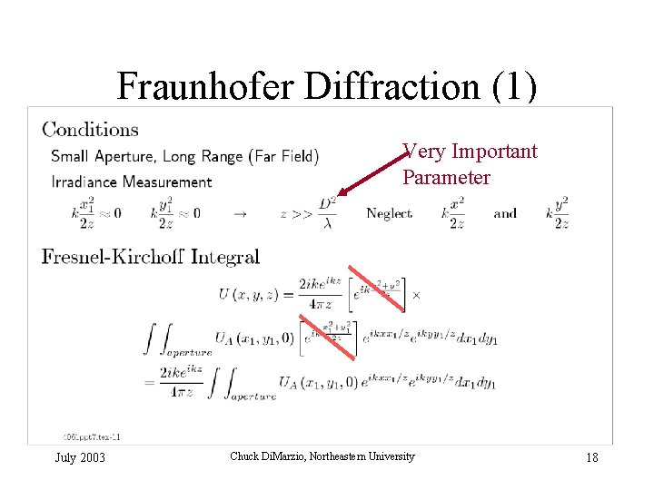 Fraunhofer Diffraction (1) Very Important Parameter July 2003 Chuck Di. Marzio, Northeastern University 18