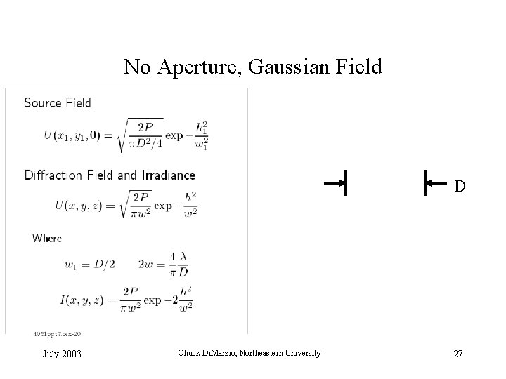 No Aperture, Gaussian Field D July 2003 Chuck Di. Marzio, Northeastern University 27 