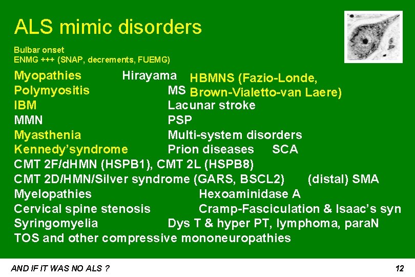 ALS mimic disorders Bulbar onset ENMG +++ (SNAP, decrements, FUEMG) Myopathies Hirayama HBMNS (Fazio-Londe,