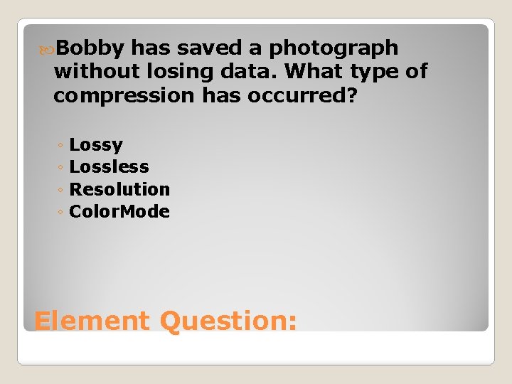  Bobby has saved a photograph without losing data. What type of compression has