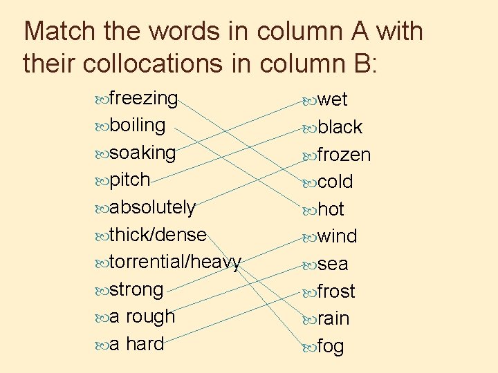 Match the words in column A with their collocations in column B: freezing wet
