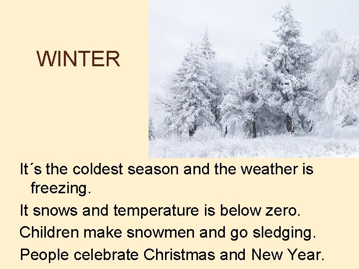 WINTER It´s the coldest season and the weather is freezing. It snows and temperature