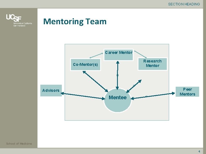 SECTION HEADING Mentoring Team Career Mentor Research Mentor Co-Mentor(s) Advisors Mentee Peer Mentors School