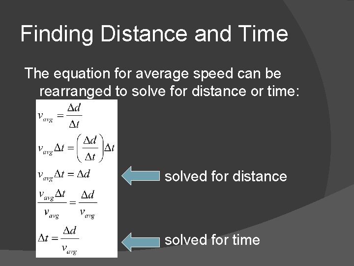 Finding Distance and Time The equation for average speed can be rearranged to solve