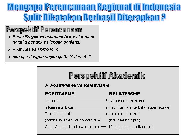 Ø Basis Proyek vs sustainable development (jangka pendek vs jangka panjang) Ø Arus Kas