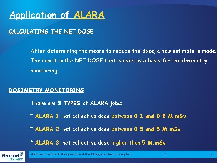 Application of ALARA CALCULATING THE NET DOSE After determining the means to reduce the