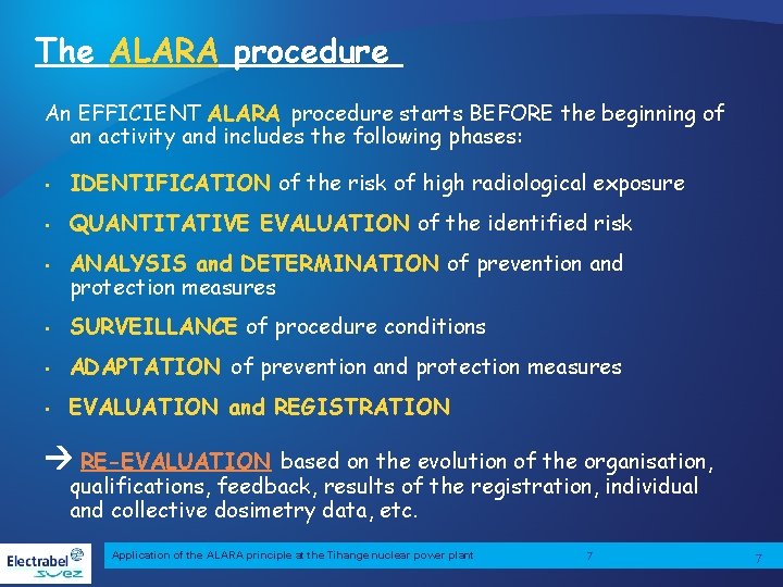 The ALARA procedure An EFFICIENT ALARA procedure starts BEFORE the beginning of an activity