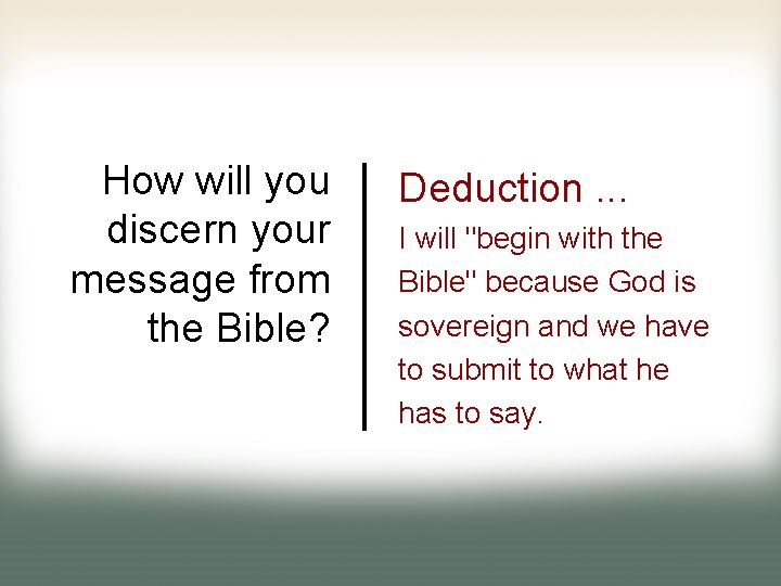 How will you discern your message from the Bible? Deduction. . . I will