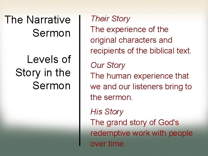 The Narrative Sermon Levels of Story in the Sermon Their Story The experience of