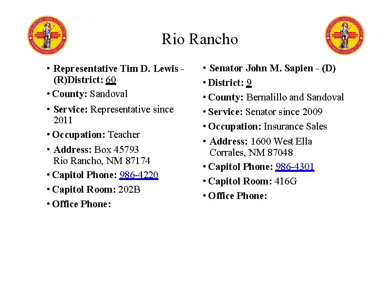 Rio Rancho • Representative Tim D. Lewis (R)District: 60 • County: Sandoval • Service: