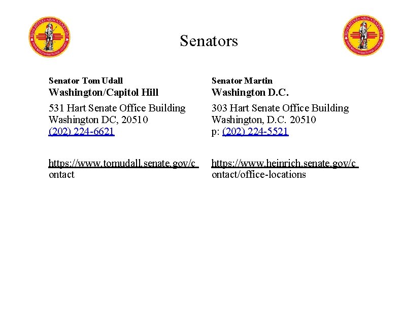 Senators Senator Tom Udall Senator Martin Washington/Capitol Hill 531 Hart Senate Office Building Washington
