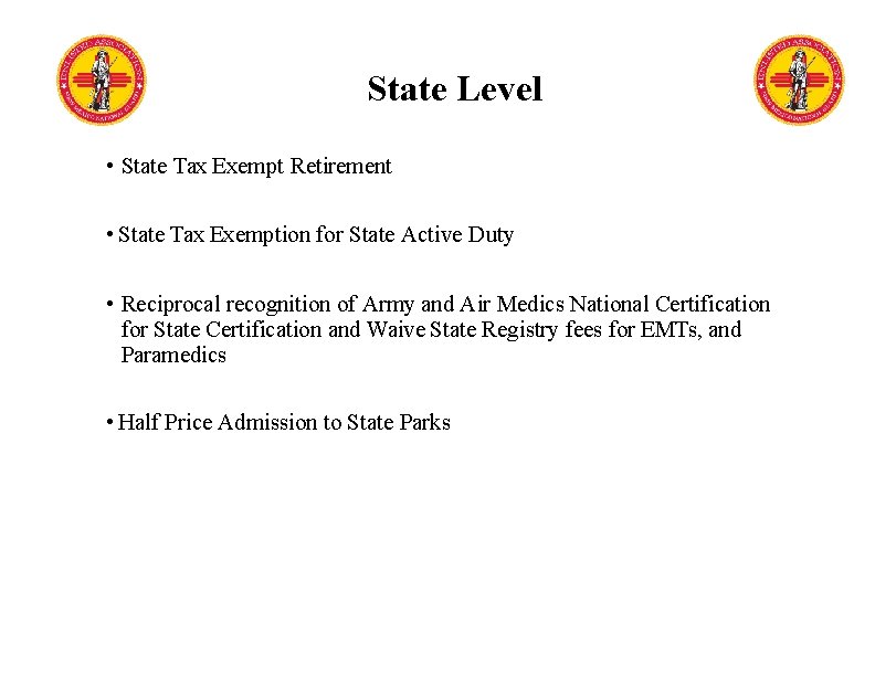 State Level • State Tax Exempt Retirement • State Tax Exemption for State Active