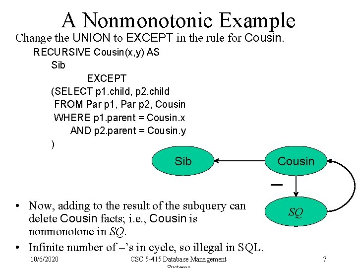 A Nonmonotonic Example Change the UNION to EXCEPT in the rule for Cousin. RECURSIVE