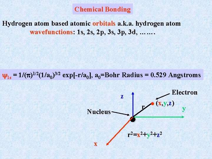 Chemical Bonding Hydrogen atom based atomic orbitals a. k. a. hydrogen atom wavefunctions: 1