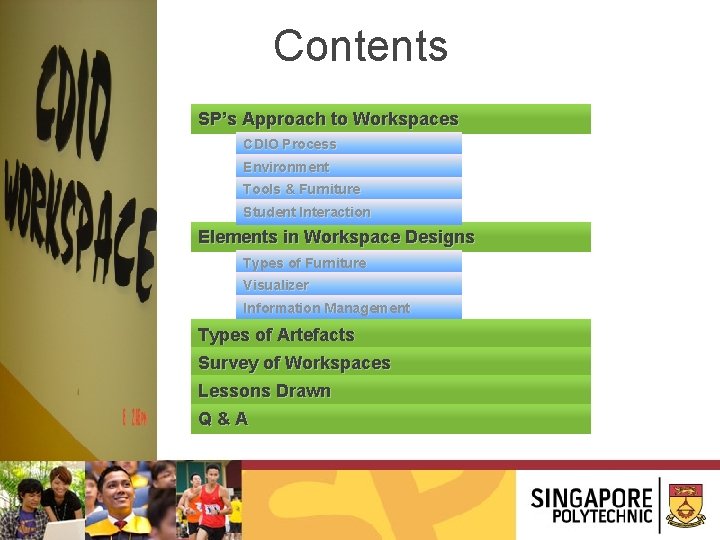 Contents SP’s Approach to Workspaces CDIO Process Environment Tools & Furniture Student Interaction Elements