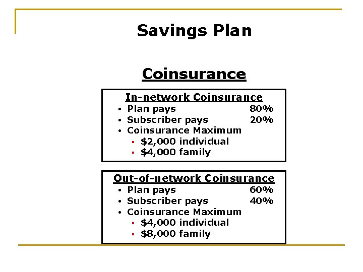 Savings Plan Coinsurance In-network Coinsurance • • • Plan pays 80% Subscriber pays 20%