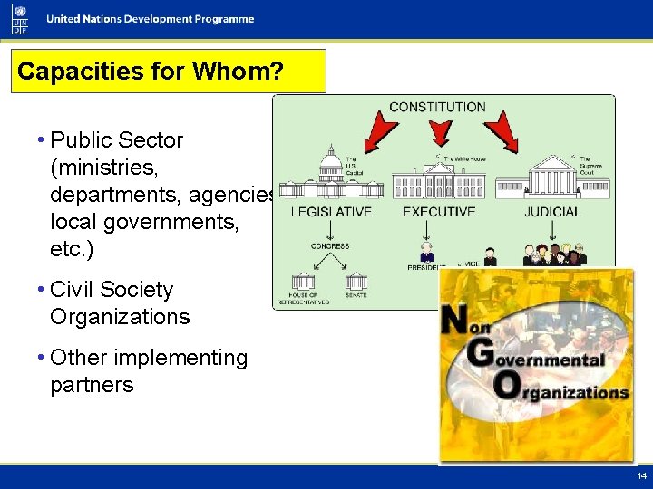 Capacities for Whom? • Public Sector (ministries, departments, agencies, local governments, etc. ) •