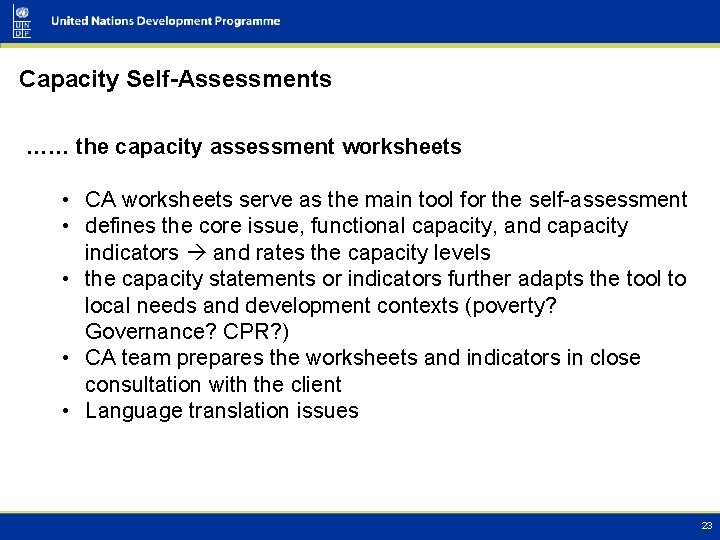 Capacity Self-Assessments …… the capacity assessment worksheets • CA worksheets serve as the main