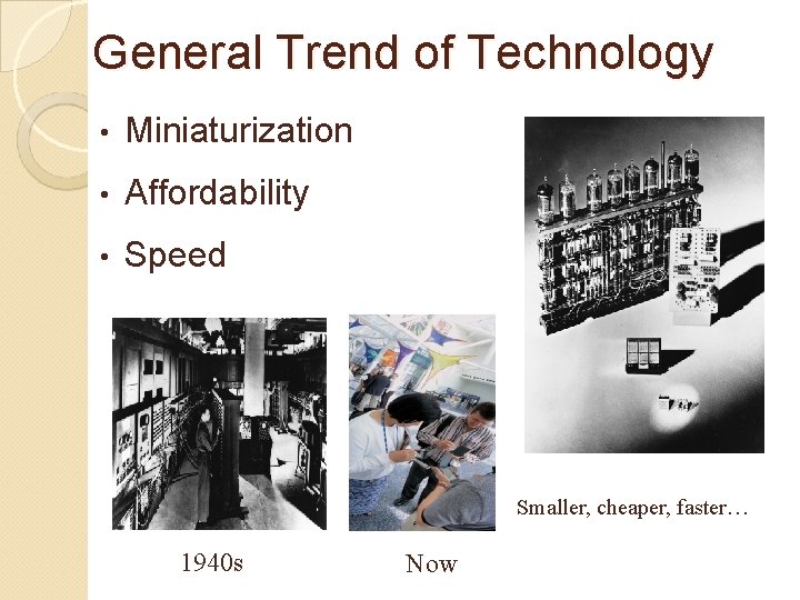 General Trend of Technology • Miniaturization • Affordability • Speed Smaller, cheaper, faster… 1940