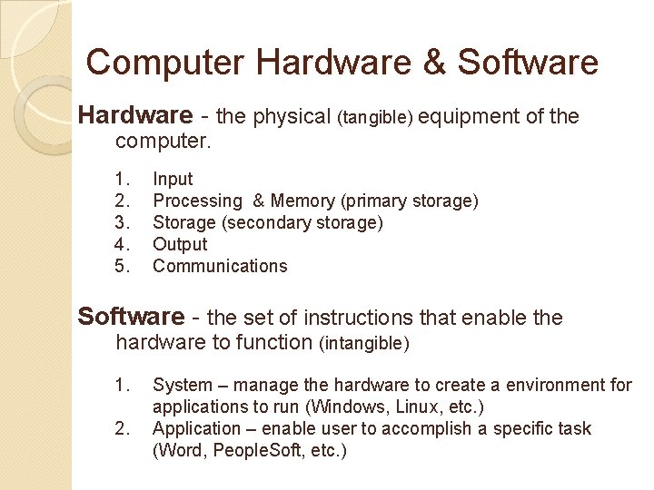 Computer Hardware & Software Hardware - the physical (tangible) equipment of the computer. 1.