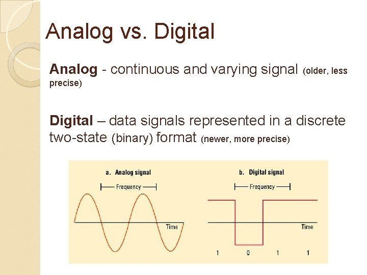 Analog vs. Digital Analog - continuous and varying signal (older, less precise) Digital –