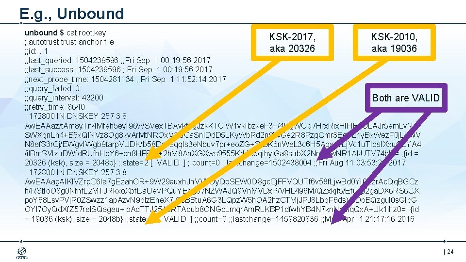 E. g. , Unbound unbound $ cat root. key KSK-2017, KSK-2010, ; autotrust anchor